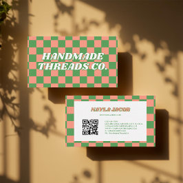 Green Peach Checkerboard Moderne Retro Professiona Visitekaartje