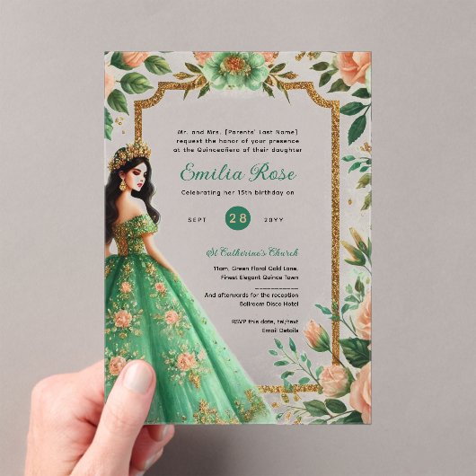 Green Peach Quinceañera Emerald Jurk Mis Quince Acryl Uitnodigingen (Insitu (Draagbaar))