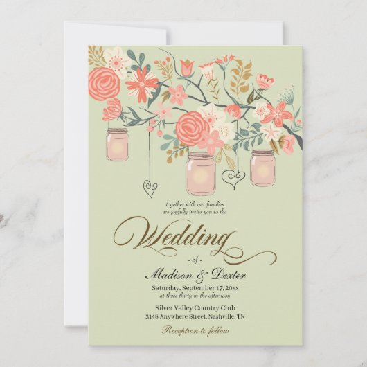 Green Peach Rustic Mason Jar Wedding Kaart (Voorkant)