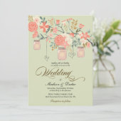 Green Peach Rustic Mason Jar Wedding Kaart (Staand voorkant)