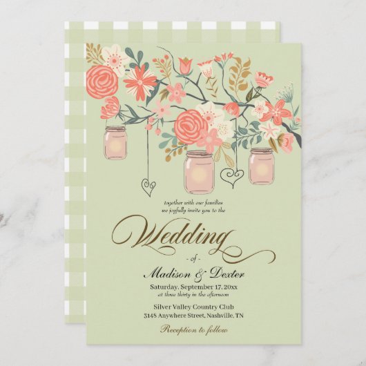 Green Peach Rustic Mason Jar Wedding Kaart (Voorkant / Achterkant)