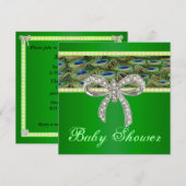 Green Peacock Diamond Bow Baby shower Invitation Kaart (Voorkant / Achterkant)