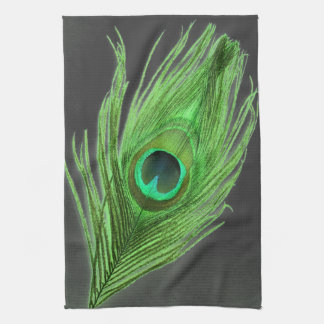 Green Peacock Feather op Black Kitchen Towel Theedoek