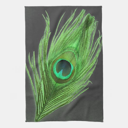 Green Peacock Feather op Black Kitchen Towel Theedoek (Verticaal)
