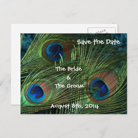 Green Peacock Feathers Bewaar de datum Aankondigingskaart (Voorkant / Achterkant)