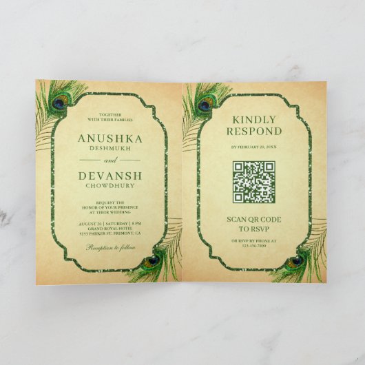 Green Peacock Feathers QR Code Indian Wedding (Binnen)