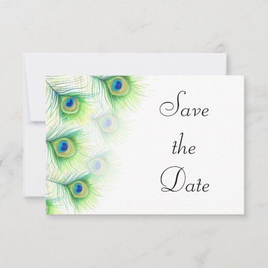Green Peacock Feathers Wedding Save the Date (Voorkant)