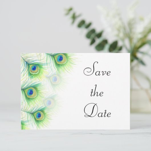 Green Peacock Feathers Wedding Save the Date (Staand voorkant)
