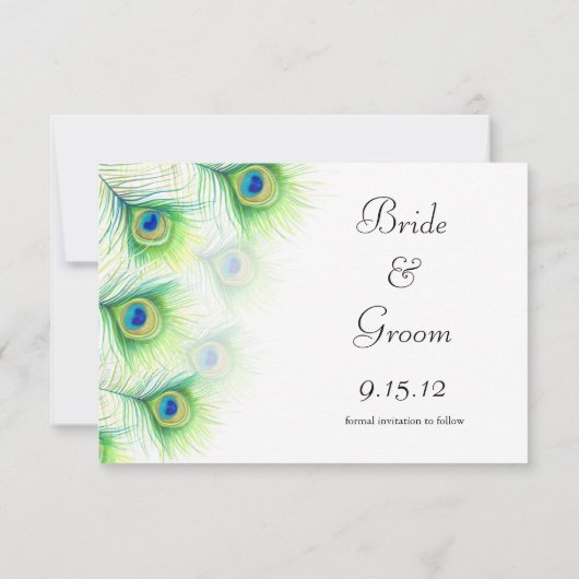 Green Peacock Feathers Wedding Save the Date (Achterkant)