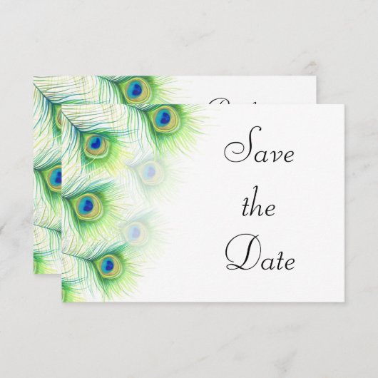 Green Peacock Feathers Wedding Save the Date (Voorkant / Achterkant)