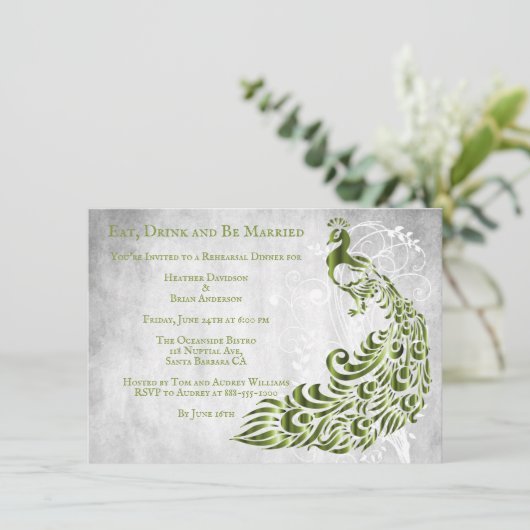 Green Peacock Leaf Vine Rehearsal Dinner Invite Kaart (Staand voorkant)