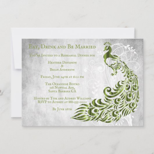 Green Peacock Leaf Vine Rehearsal Dinner Invite Kaart (Voorkant)