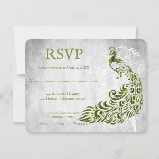 Green Peacock Leaf Vine Wedding RSVP Kaart (Voorkant)
