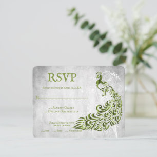 Green Peacock Leaf Vine Wedding RSVP Kaart