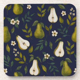 Green Pear Watercolor Pattern on Dark Blue  Bier Onderzetter