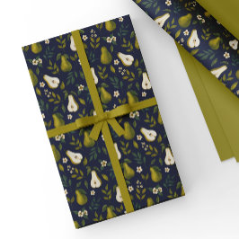 Green Pear Watercolor Pattern on Dark Blue  Cadeaupapier