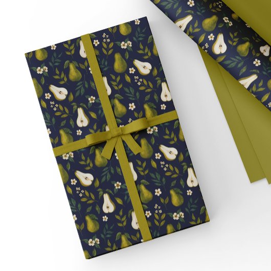 Green Pear Watercolor Pattern on Dark Blue  Cadeaupapier