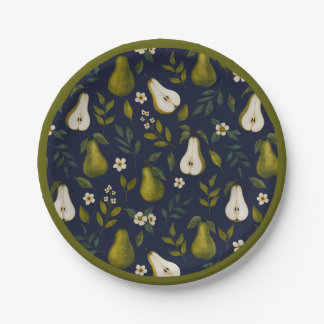 Green Pear Watercolor Pattern on Dark Blue  Papieren Bordje