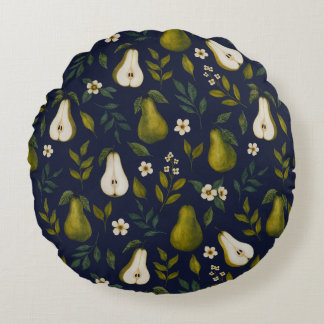 Green Pear Watercolor Pattern on Dark Blue  Rond Kussen