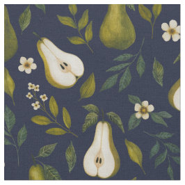 Green Pear Watercolor Pattern on Dark Blue  Stof
