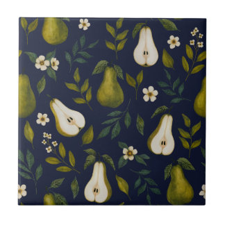 Green Pear Watercolor Pattern on Dark Blue  Tegeltje