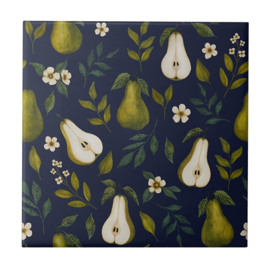 Green Pear Watercolor Pattern on Dark Blue  Tegeltje (Voorkant)
