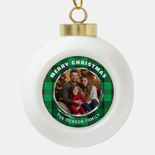 Green Personalized Family Photo Plaid Pattern  Keramische Bal Ornament (Voorkant)