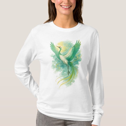 【Green Phoenix Bird Long Sleeve T-Shirt】 T-shirt (Voorkant)