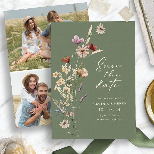 Green Photo Boho Save the Date Flat Kaart