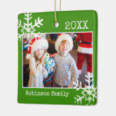 Green Photo Border White Snowflakes Holiday Keramisch Ornament (Links)