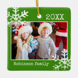Green Photo Border White Snowflakes Holiday Keramisch Ornament