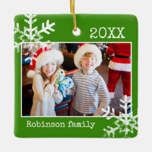 Green Photo Border White Snowflakes Holiday Keramisch Ornament