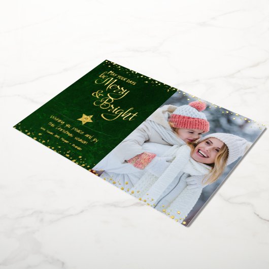 Green Photo Days Be Merry Bright Script Echt goud Folie Feestdagenkaart (Gedraaid)