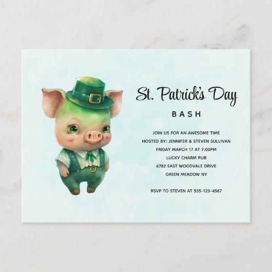 Green Pig in Fancy Attire St. Paddy's Day Party Uitnodiging Briefkaart (Voorkant)