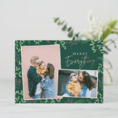 Green Pine Berries Merry Alles Multiple Photo Feestdagenkaart (Staand voorkant)