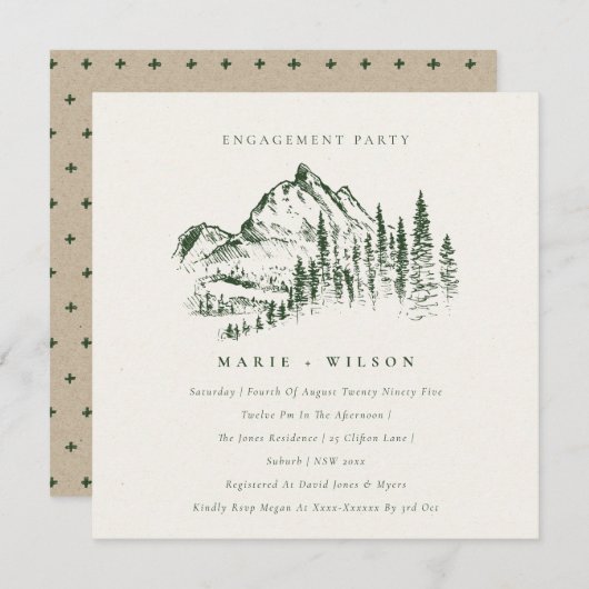 Green Pine Bossen Mountain Sketch Verloving Invite Bedankkaart (Voorkant / Achterkant)