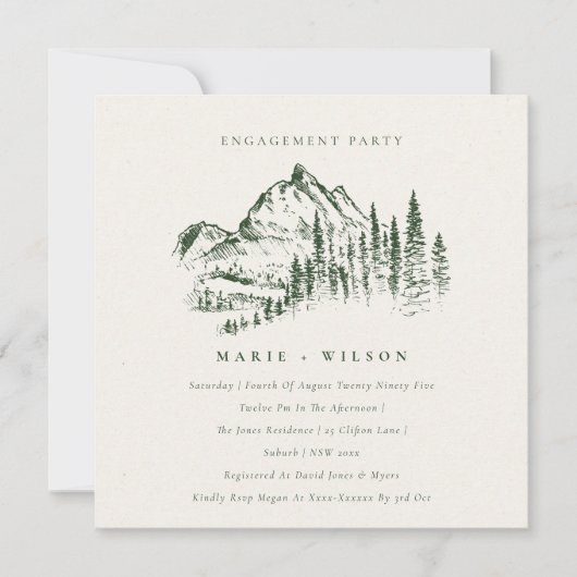 Green Pine Bossen Mountain Sketch Verloving Invite Bedankkaart (Voorkant)