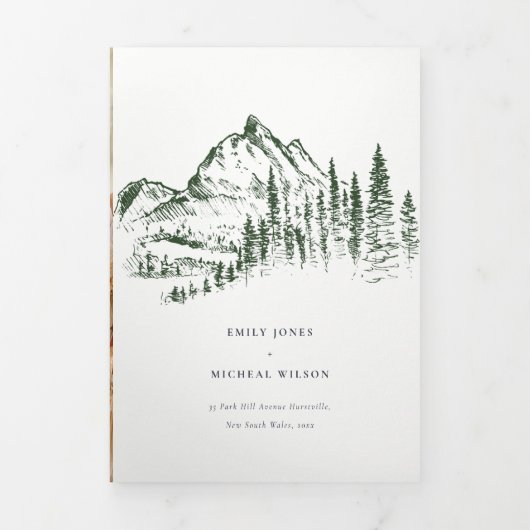 Green Pine Bossen Mountain Sketch Weddench QR Code Drieluik Aankondiging (Cover)