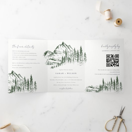 Green Pine Bossen Mountain Sketch Weddench QR Code Drieluik Aankondiging (Binnen)