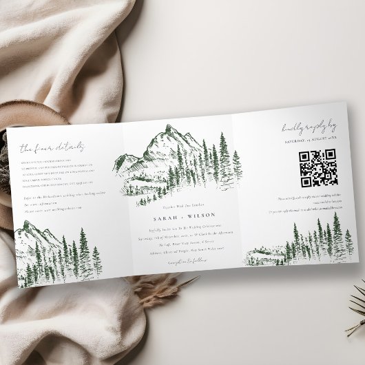 Green Pine Bossen Mountain Sketch Weddench QR Code Drieluik Aankondiging