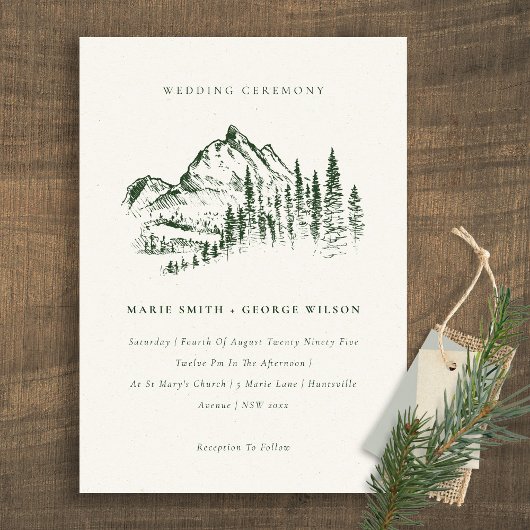 Green Pine Bossen Mountain Sketch Wedding Invite Bedankkaart