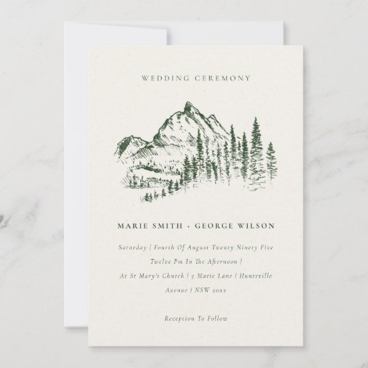 Green Pine Bossen Mountain Sketch Wedding Invite Bedankkaart (Voorkant)