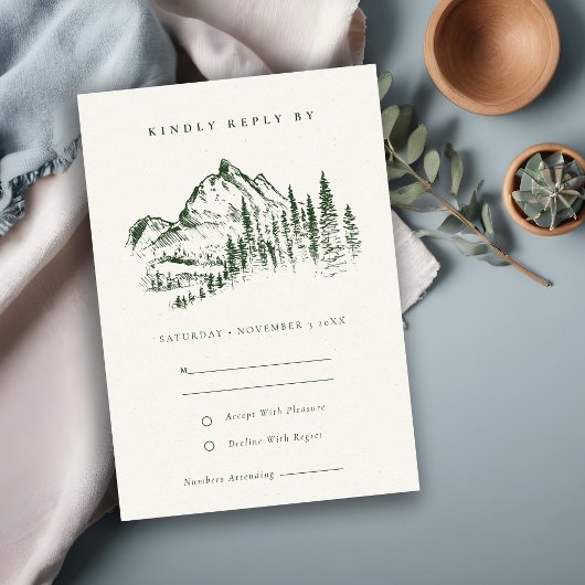 Green Pine Bossen Mountain Sketch Wedding RSVP Kaart