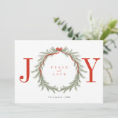 Green Pine Branch Garland JOY kerstfoto Feestdagenkaart (Staand voorkant)
