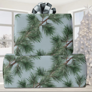 Green Pine Branch Garlands Winter Dusty Blue Cadeaupapier