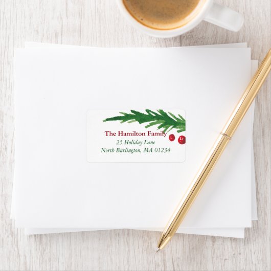 Green Pine Branch & Red Berries - kerstadres Etiket (Insitu)