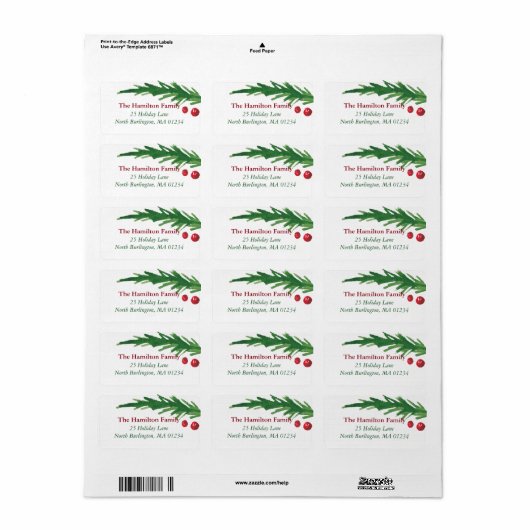 Green Pine Branch & Red Berries - kerstadres Etiket (Full Sheet)