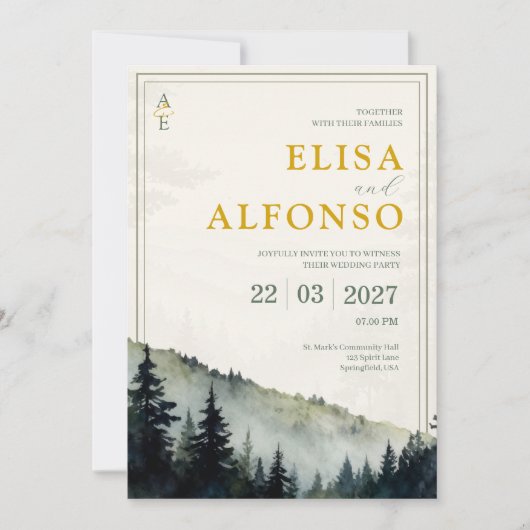 Green Pine Classic Watercolor Monogram Wedding  Kaart (Voorkant)