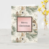 Green Pine Cones Bunny Rabbits Christmas Kaart (Gele Bloem)