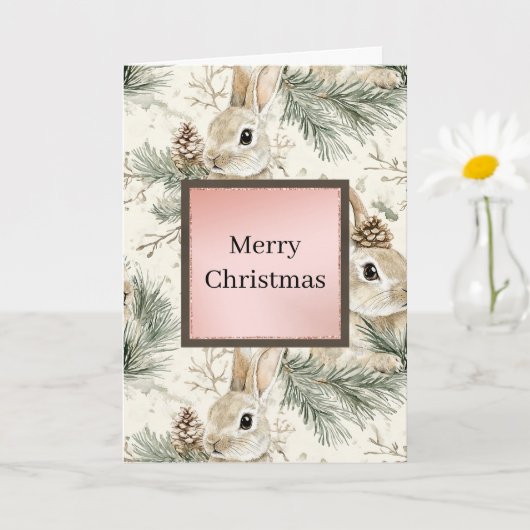 Green Pine Cones Bunny Rabbits Christmas Kaart (Kleine Plant)